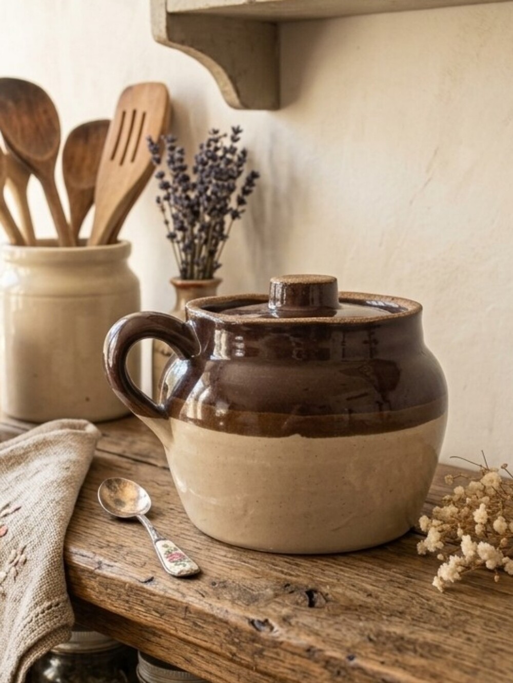 Vintage USA Stoneware Crock with Lid – Two‑Tone Brown & Cream